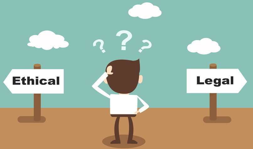 Illustration of a person scratching their head with question marks above their head. To the left of the person is a sign pointing left that says "Ethical," and to the right of the person is a sign pointing right that says "Legal"